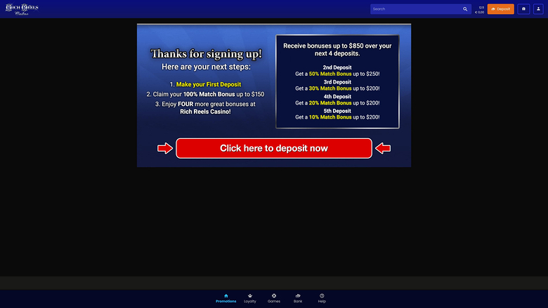 Rich Reels Casino — Promotions page