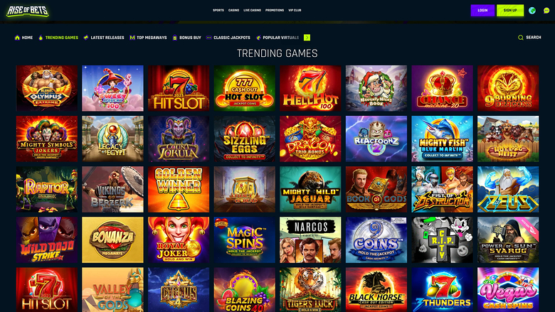 An online casino lobby page showing a grid of game tiles under a 'TRENDING GAMES' heading with top navigation menus.