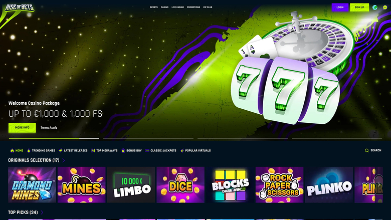 A casino homepage hero banner promotes a welcome package of up to €1,000 and 1,000 FS above a lobby row of game tiles.