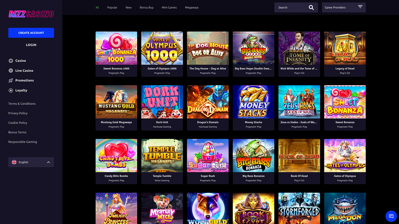 An online casino lobby page showing a grid of game tiles with a left sidebar menu and top navigation bar.