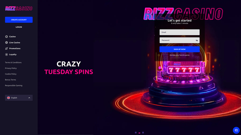 A Rizz Casino landing screen with a left sidebar menu, a 'CRAZY TUESDAY SPINS' headline and a sign-up form over a neon slot-machine graphic.