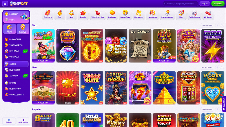 A casino lobby screen showing a purple sidebar, top game-category tabs, and rows of game tiles under Top, New and Popular headings.