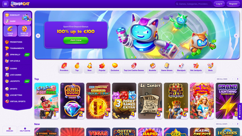 A casino lobby screen for 'Roobet' showing a promotional hero banner, a category icon row and rows of game tiles.