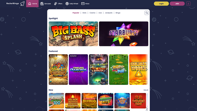 Rocket Bingo Casino — Games lobby