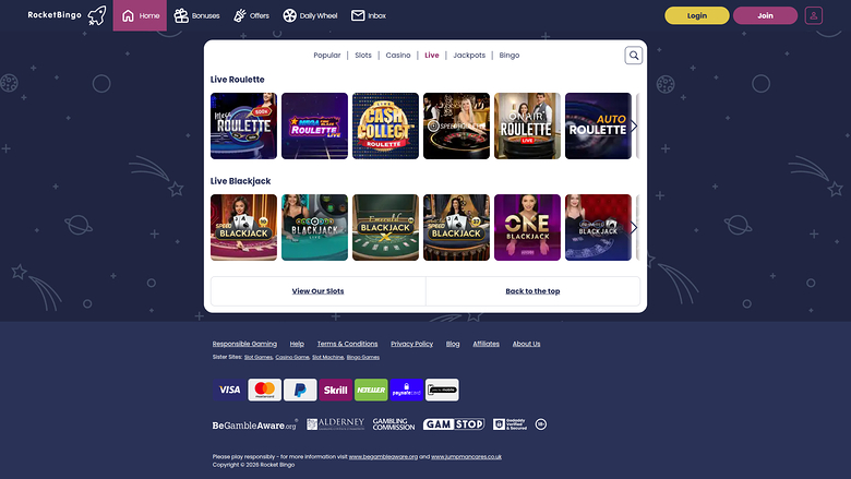 Rocket Bingo Casino — Live dealer lobby