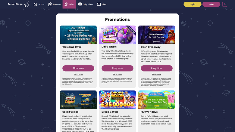 Rocket Bingo Casino — Promotions page