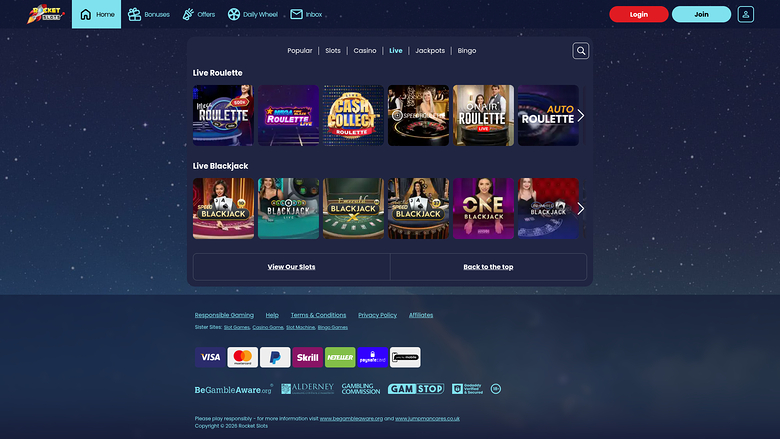 Rocket Slots Casino — Live dealer lobby