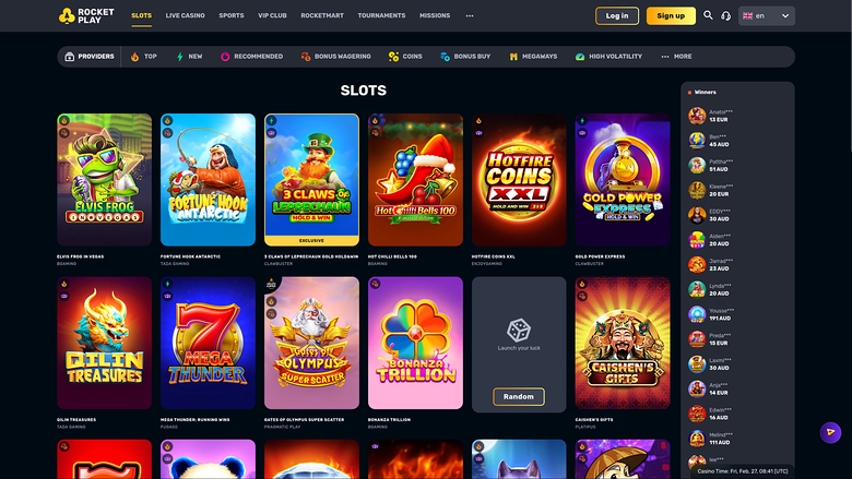 A casino lobby 'SLOTS' page showing a grid of game tiles, a top navigation bar, category filters and a right-hand winners sidebar.