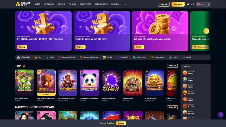 A casino lobby homepage for Rocket Play is shown with promotional banners, category tabs, and rows of game tiles.