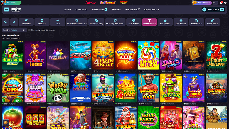 A casino lobby screen showing a 'slot machines' category grid of game tiles with a top navigation bar and category icons.