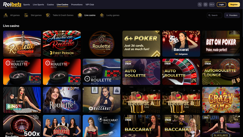 Roibets Casino — Live dealer lobby