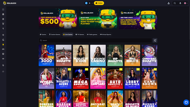 RollBlock Casino — Live dealer lobby