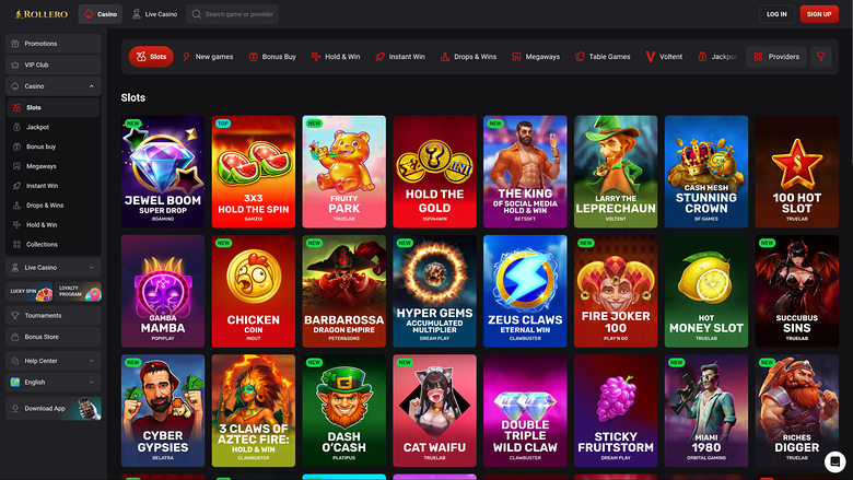 An online casino slots lobby page showing a grid of game tiles under a 'Slots' heading with a left sidebar menu and top navigation bar.