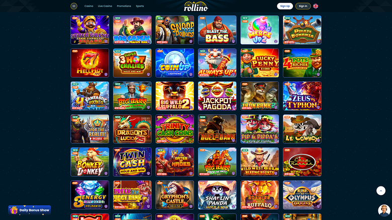 An online casino lobby screen showing a grid of game thumbnails under the Rollino brand.