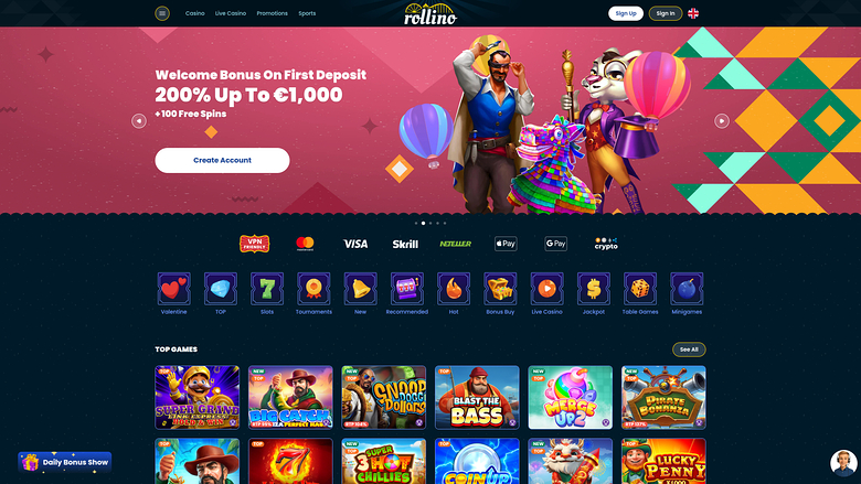 A casino homepage with a welcome bonus hero banner, payment icons, game category tabs and a Top Games grid.