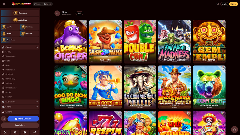 An online casino lobby screen showing a grid of colourful game tiles under a Slots heading with a left sidebar menu.