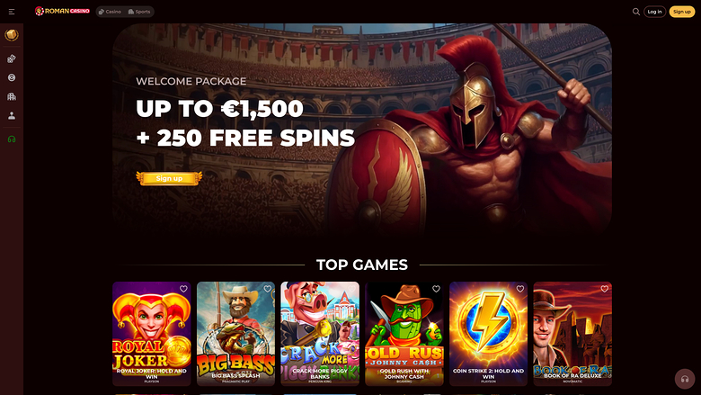 A casino homepage showing a welcome package hero banner and a Top Games row of six game tiles.