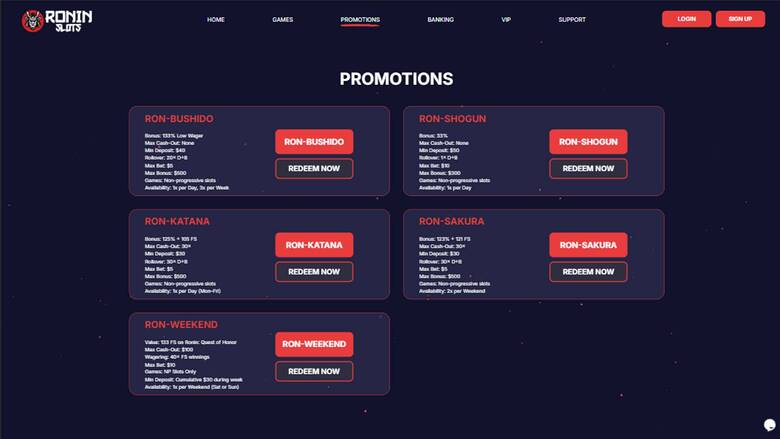 RoninSlots Casino — Promotions page