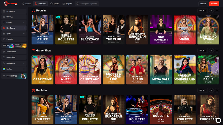 Rooster Bet — Live dealer lobby