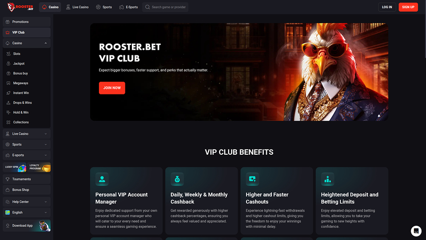 Rooster Bet — VIP section