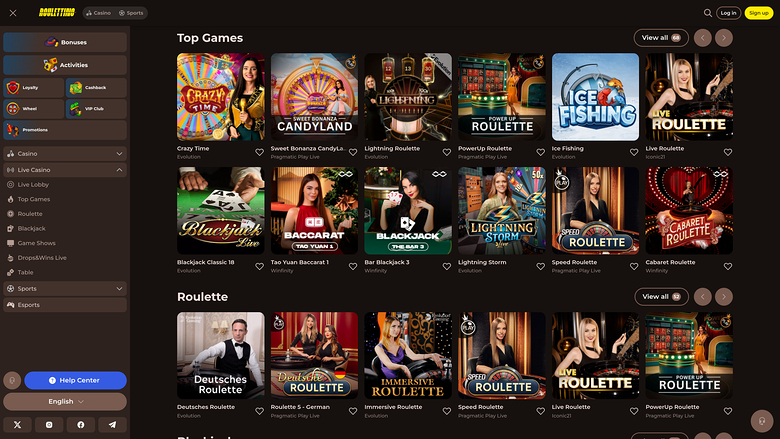 Roulettino Casino — Live dealer lobby