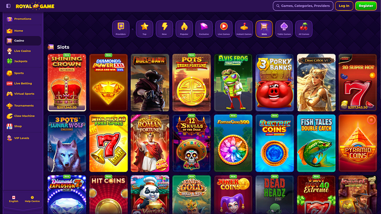 {"summary":"An online casino lobby titled Royal Game showing a Slots category grid of game tiles with a left sidebar menu and top login and register buttons.","