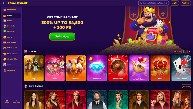 An online casino homepage for Royal Game showing a welcome package hero banner, a left sidebar menu, and rows of casino and live casino game tiles.