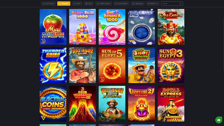 An online casino lobby screen showing a grid of game tiles under a category filter bar.