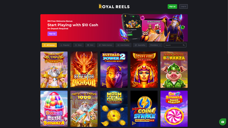 An online casino lobby page for Royal Reels showing a welcome bonus banner and a grid of game tiles.