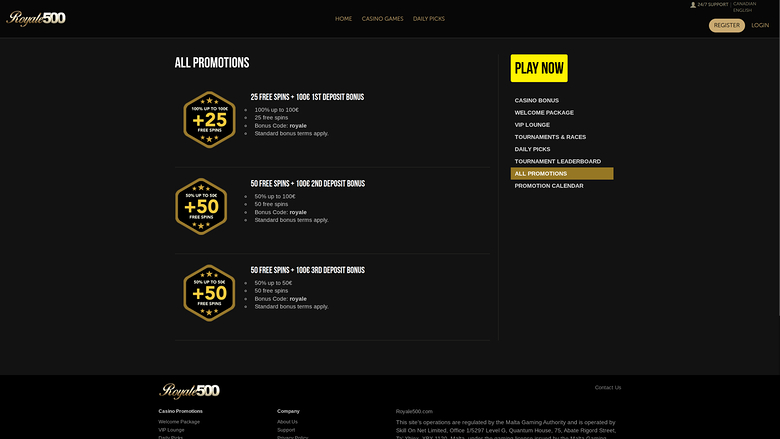 Royale500 Casino — Promotions page