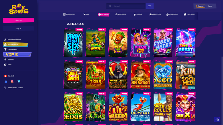 An online casino lobby screen titled 'All Games' showing a grid of game tiles with a left sidebar menu and top search bar.