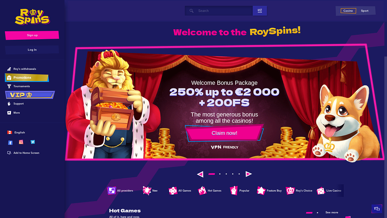 RoySpins casino homepage showing a welcome bonus hero banner, a left sidebar menu and a row of lobby category tabs above a Hot Games section.