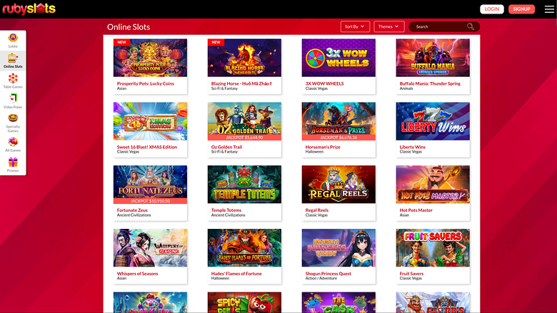 An online casino lobby titled Online Slots showing a grid of game tiles with a left sidebar and top header.