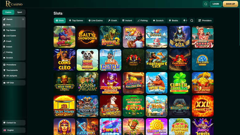 An online casino slots lobby displays a grid of game tiles with a left sidebar menu and top navigation bar.