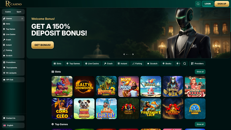 An online casino lobby shows a welcome bonus hero banner above a grid of game tiles and a left sidebar menu.