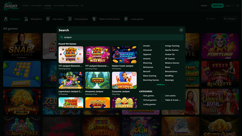 SagaSpins Casino — Jackpot games