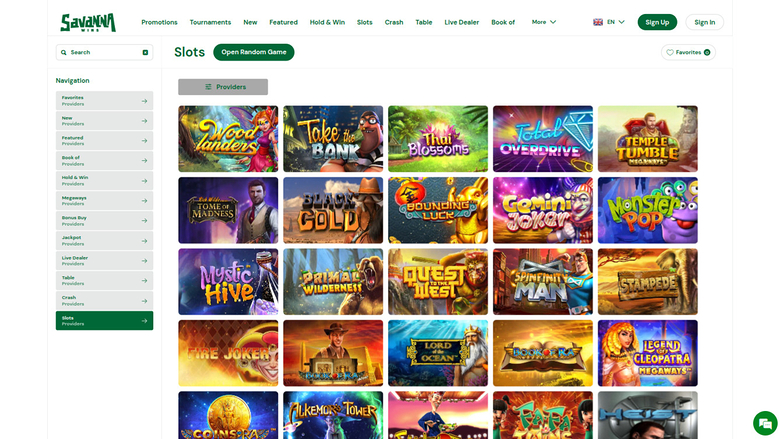 A slots lobby page on the Savanah casino site showing a grid of game tiles with a left navigation sidebar and top menu.