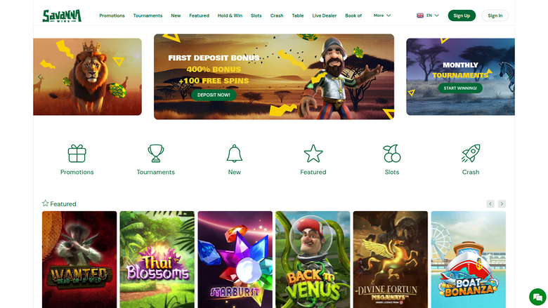 A casino homepage with a top navigation bar, three promotional banners, a row of category icons and a Featured games row.