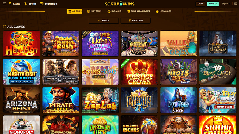 An online casino lobby page showing a grid of game tiles under an 'ALL GAMES' heading with top navigation and category tabs.
