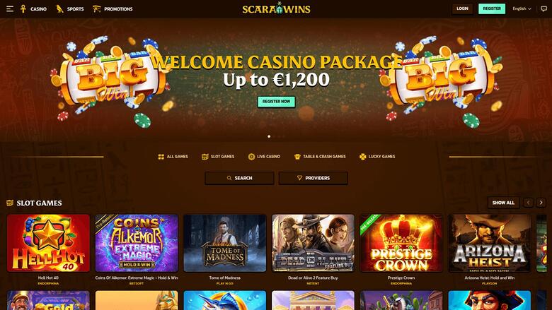A casino lobby screen for ScaraWins showing a welcome bonus banner and a row of slot game tiles.