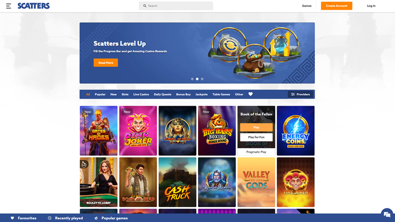 An online casino lobby page showing a promotional hero banner and a grid of game tiles beneath a category menu.