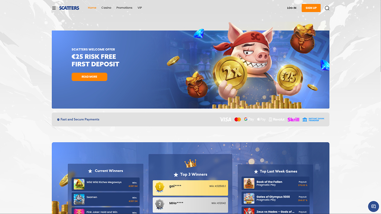 A casino website homepage showing a welcome bonus hero banner, payment icons and a winners section.