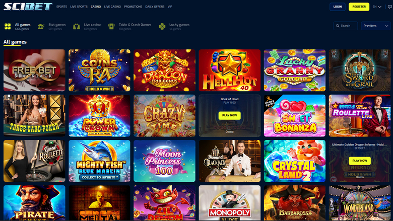 An online casino lobby page showing an 'All games' grid of game tiles beneath a top navigation bar and category shortcuts.