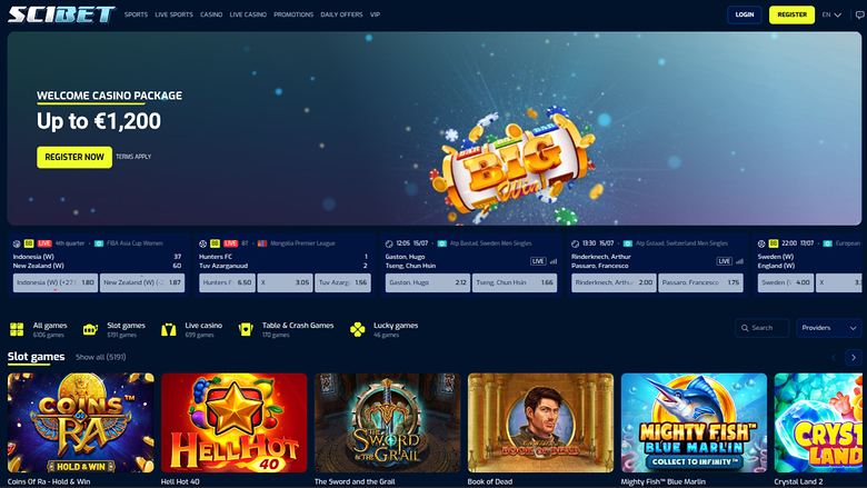 A Scibet casino homepage showing a welcome bonus hero banner, a sports betting odds strip, and a row of slot game tiles.