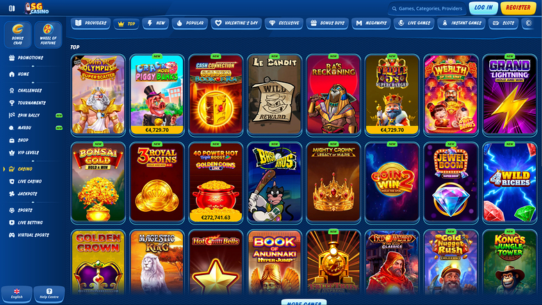 An online casino lobby screen showing a grid of game tiles under a 'TOP' heading with a left sidebar menu and top navigation bar.