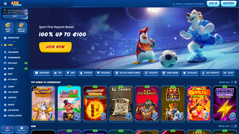 An online casino homepage with a sports-themed first deposit bonus hero banner and rows of game tiles.