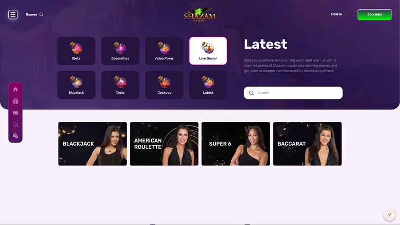 Shazam Casino — Live dealer lobby