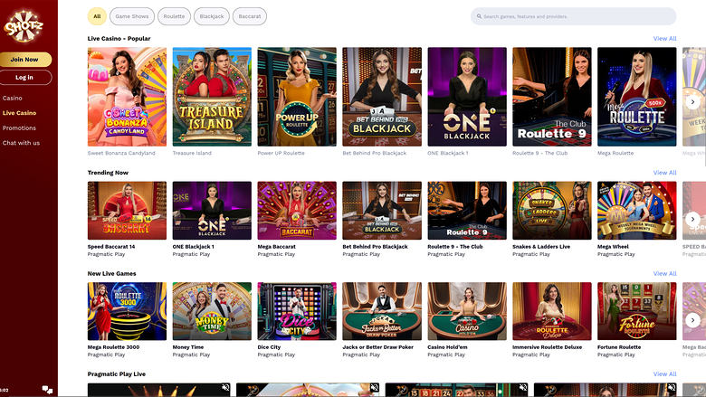 Shotz Casino — Live dealer lobby