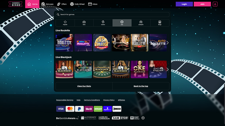 Showreel Bingo Casino — Live dealer lobby