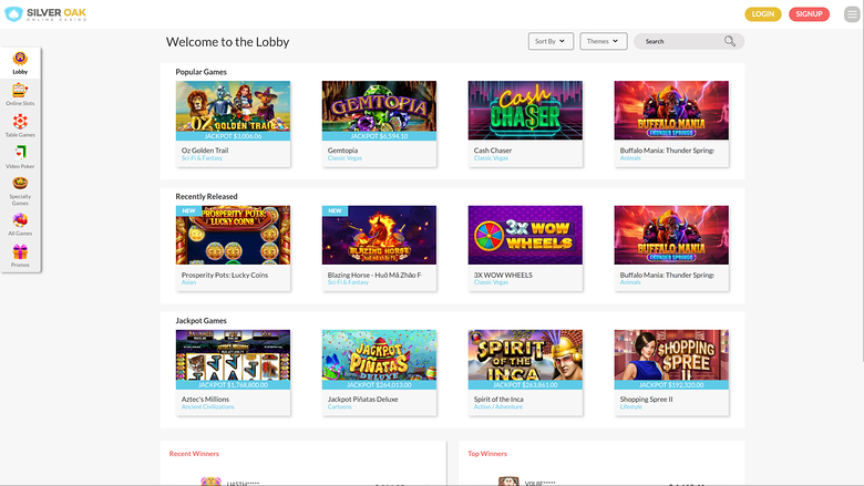 A Silver Oak Casino lobby page showing game tiles in Popular Games, Recently Released and Jackpot Games rows plus a left sidebar menu.
